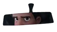 a cartoon character 's face is reflected in a car rear view mirror