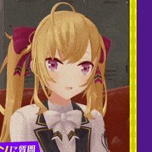 a girl with blonde hair and purple eyes is sitting on a red chair