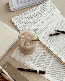 a cup of iced coffee sits on top of a stack of papers that say exwin