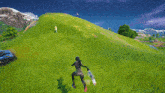 a person riding a skateboard on a grassy hill