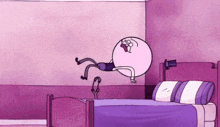 a cartoon character is jumping over a bed in a room .