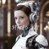 a close up of a robot with the words spaced out written above it