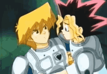 a couple of cartoon characters looking at each other