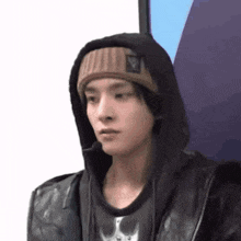 a man wearing a hooded jacket and a beanie is looking at the camera .
