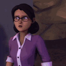 a woman wearing glasses and a purple shirt is standing in front of a blue wall .