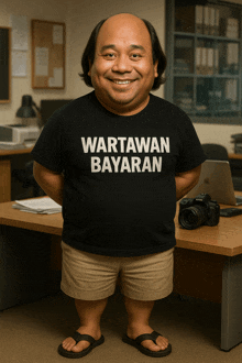 a man wearing a black shirt that says wartawan bayaran