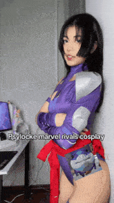 a woman in a purple marvel rivals cosplay costume
