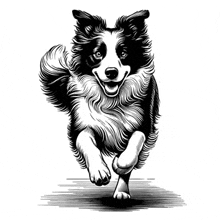 a black and white drawing of a border collie dog running .
