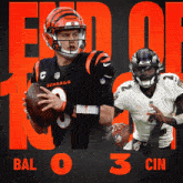 a bengals player is holding a football while a ravens player is running with it