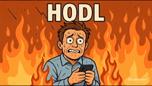 a cartoon of a man holding a cell phone with the word hodl on it
