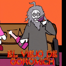 a cartoon of a man holding a bottle of wine with the words el viejo de goromich written in red