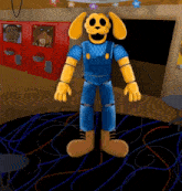 a yellow dog with blue overalls is standing in a room