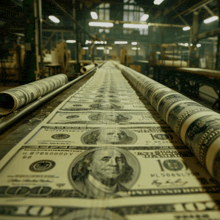 several rolls of 100 dollar bills are rolled up on a conveyor belt
