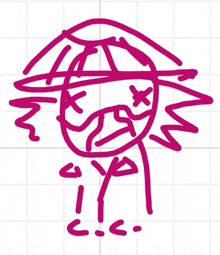 a pink drawing of a girl with a hat and a cross on her head