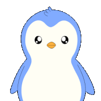 a cartoon penguin is holding a sign with scissors and an arrow