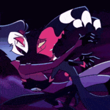 a cartoon character is hugging another character in a dark room .