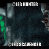 a woman is looking at a computer screen with the words " @lfg hunter @lfg scavenger " below her