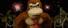 a cartoon gorilla wearing a red tie stands in front of fireworks