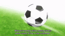 a soccer ball is flying through the air on a field with a quote .