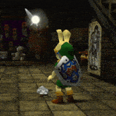 a video game character with a shield that says nintendo