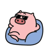 a cartoon pig is wearing sunglasses and laying on a blue pillow .