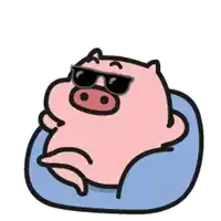 a cartoon pig is wearing sunglasses and laying on a blue pillow .