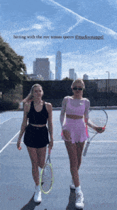 two women holding tennis rackets on a tennis court with the caption hitting with the nyc tennis queen @madisonappel
