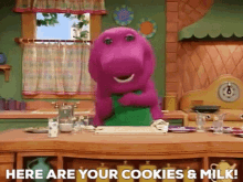 Barney The Dinosaur Here Are Your Cookies And Milk GIF