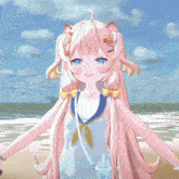 a girl with long blonde hair and blue eyes is standing on a beach