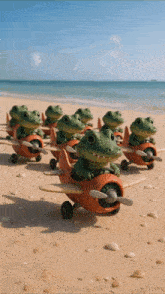 a group of frogs are sitting on planes on the beach