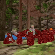 a computer generated image of a person sitting on a red monster