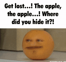 a picture of an orange with a face and the words get lost the apple the apple where did you hide it