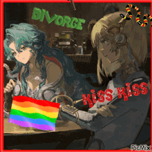 a picture of two anime girls with a rainbow flag and the words divorce kiss kiss on the bottom