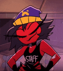 a cartoon character with a hat and a shirt that says staff on it