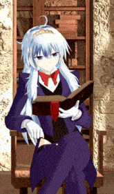 a girl with long white hair is sitting in a chair reading a book called death