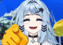 a girl with long white hair is pointing at the camera with a yellow finger