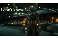 a futuristic soldier is standing in front of a fighter jet with the words " i don 't know " written below him