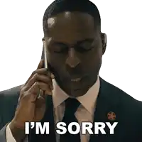 a man in a suit and tie is talking on a cell phone and the words i 'm sorry are above him