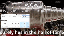 a screenshot of a hockey game with the words wow this guy leads a decade