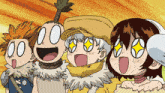 a group of cartoon characters with their eyes closed and their mouths open