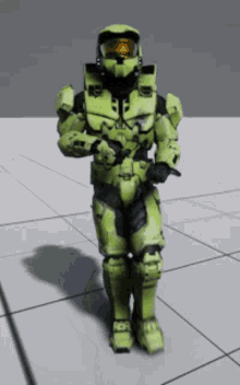 a video game character is standing on a tile floor