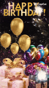 a birthday greeting card with balloons and presents and the words happy birthday