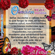 a card with roses and butterflies says oración de la mañana