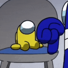 a yellow among us character is sitting in a chair next to a blue character .