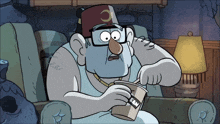 a cartoon character is sitting in a chair holding a cup that says sam