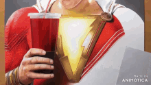 a painting of shazam holding a cup of red liquid with a lightning bolt on his chest .