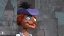 a cartoon character wearing a purple hat with a black feather