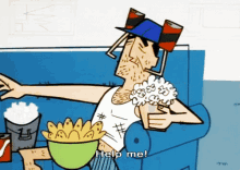 a cartoon character is sitting on a couch eating french fries