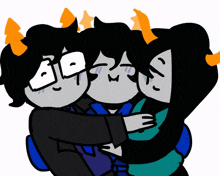 a cartoon drawing of three trolls hugging each other with one of them wearing glasses