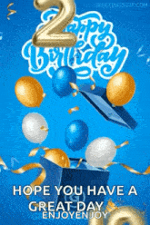 a happy 2nd birthday greeting card with balloons coming out of a blue box .